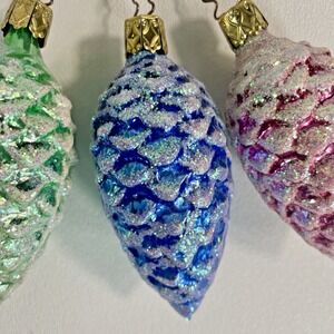Inge-Glas Hand Blown Glass Pinecone Ornaments Glittered Set of 3 Germany